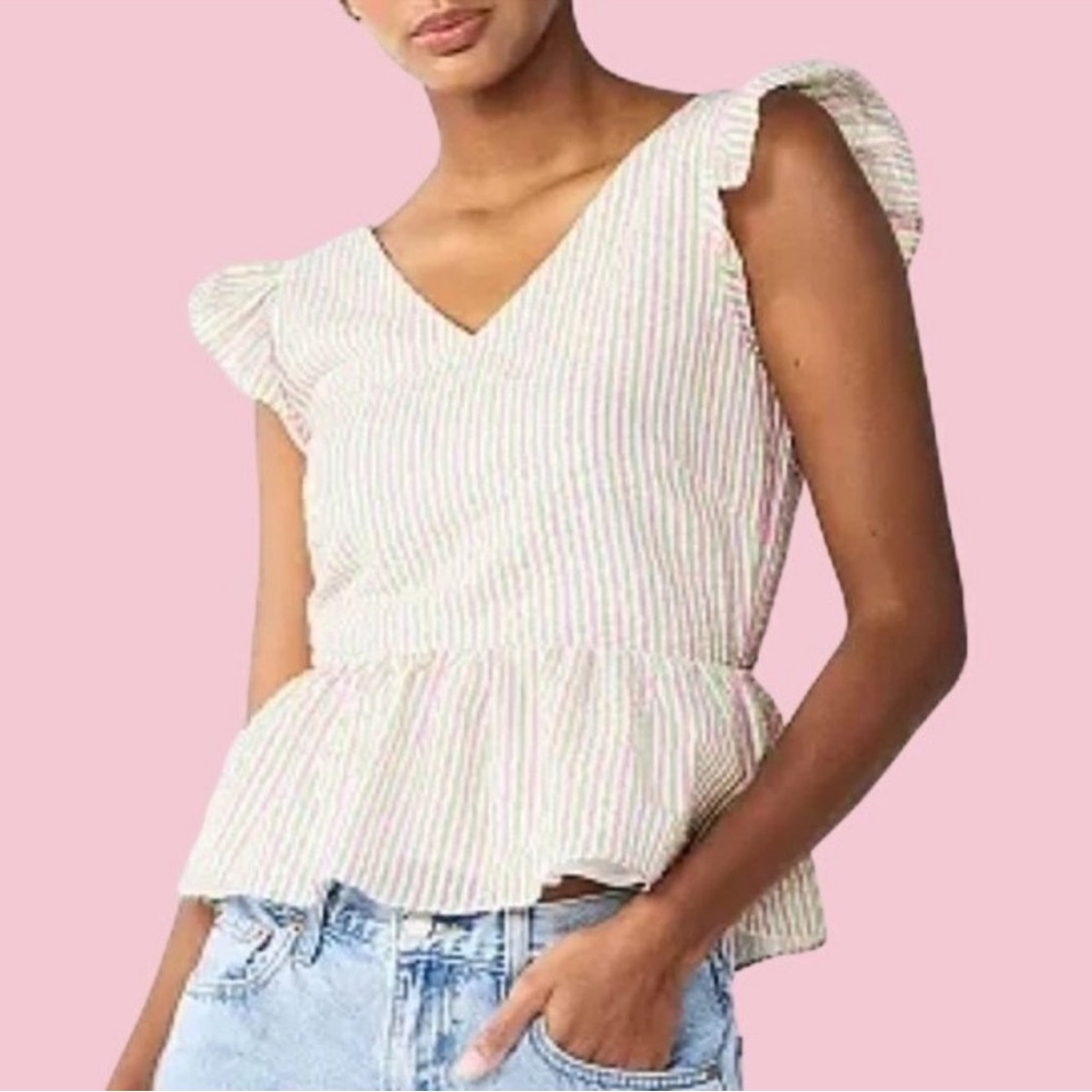 NWT Draper James Shirt Top Seersucker Flutter Sleeve Trendy Peplum Size Large